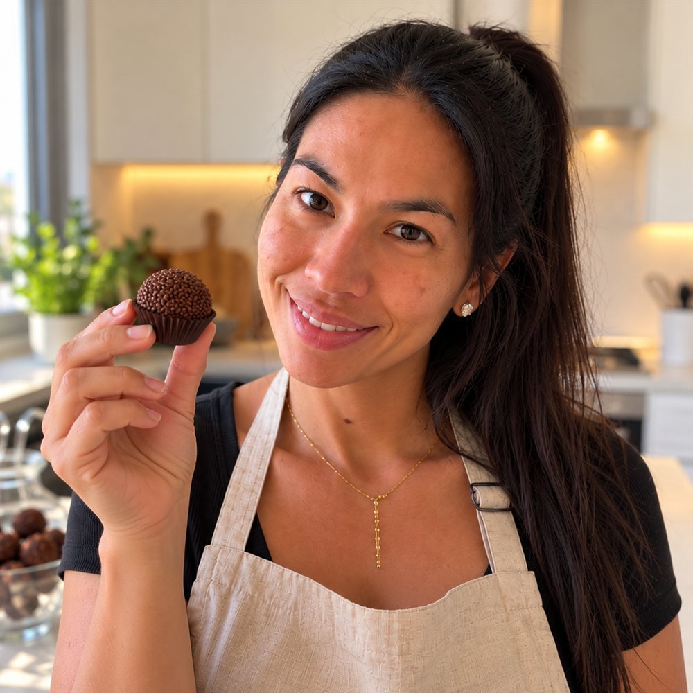Carol na cozinha, sorrindo e segurando um brigadeiro tradicional na forminha