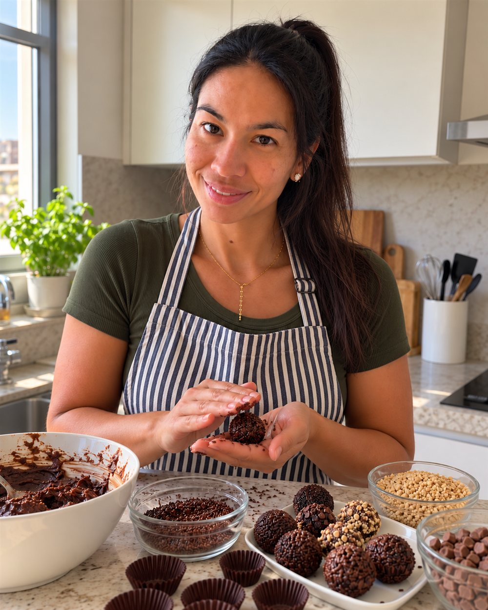 Carol enrolando brigadeiros na cozinha, com tigelas de granulado e confeitos na bancada