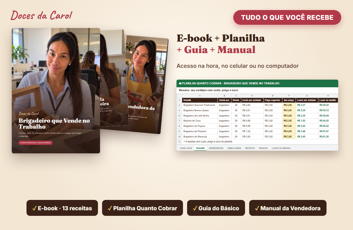 Kit completo Doces da Carol com e-book, planilha Quanto Cobrar, Guia do Básico e Manual da Vendedora