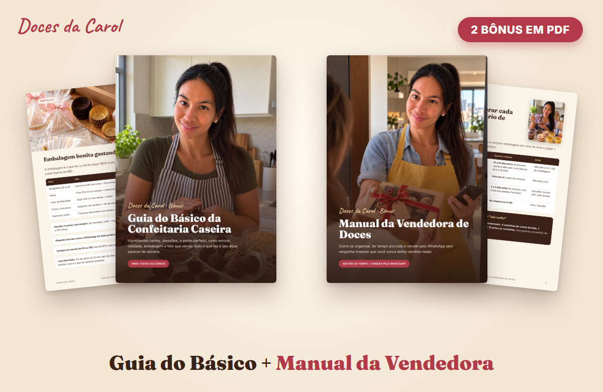 Capas e páginas reais do Guia do Básico da Confeitaria Caseira e do Manual da Vendedora de Doces