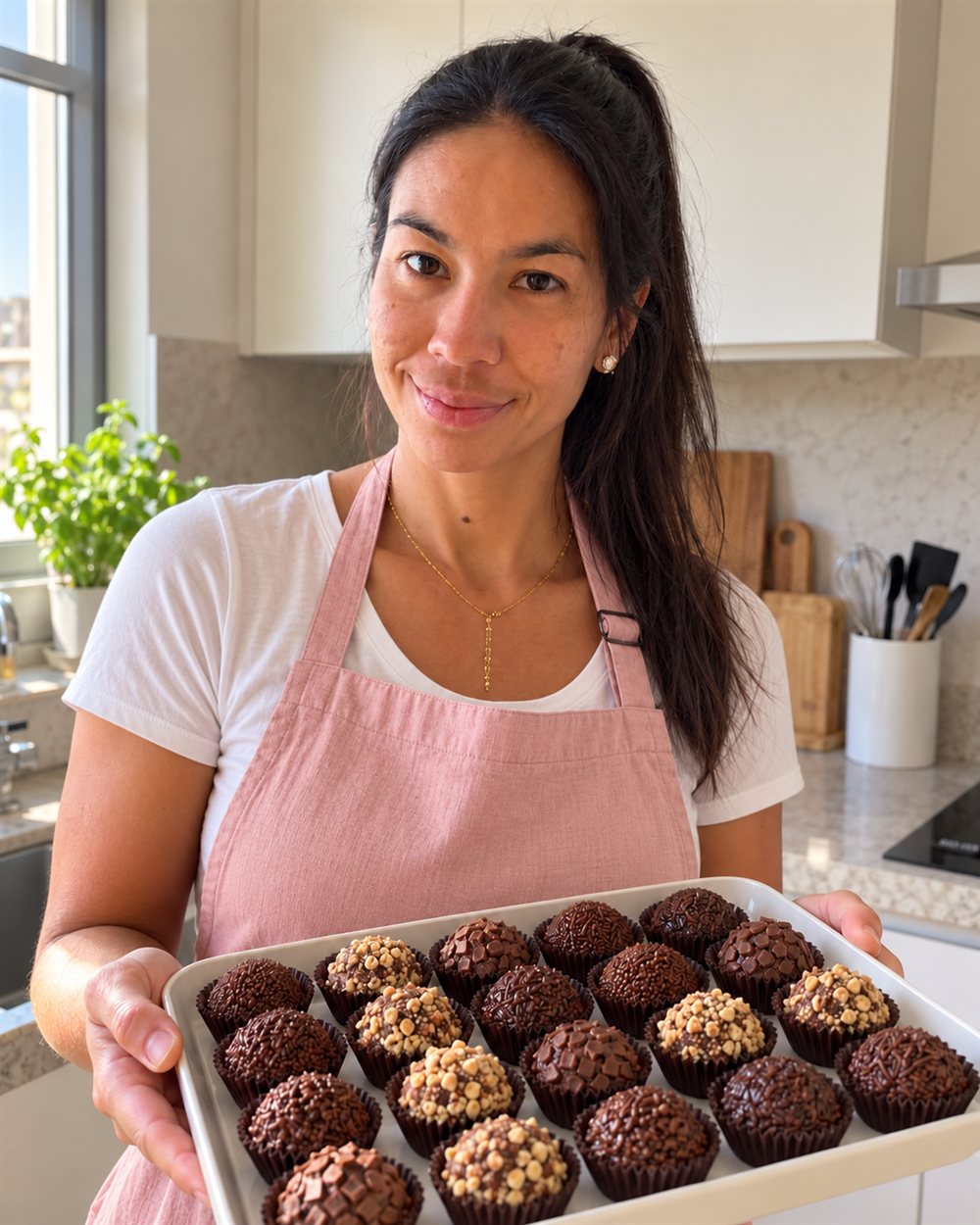 Carol na cozinha segurando uma travessa branca cheia de brigadeiros gourmet