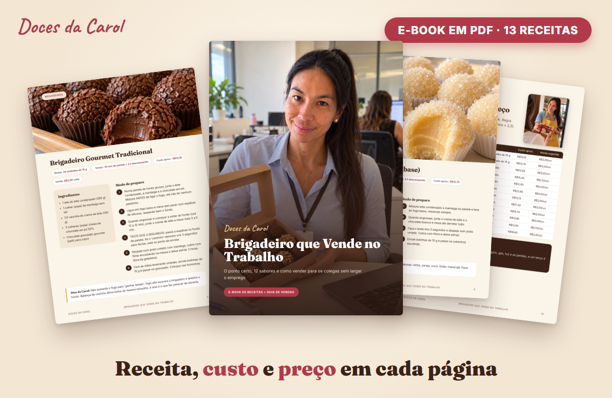 Páginas reais do e-book Brigadeiro que Vende no Trabalho com receitas, custos e preços